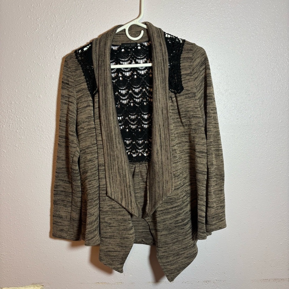 West Kei Brown Open Front Cardigan with Black Lace Detail
